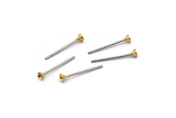 Stainless Post with Cup Pad, 100 Stainless Steel Earring Posts With Raw Brass 2mm Cup, Bowl Pad, Ear Stud A0849