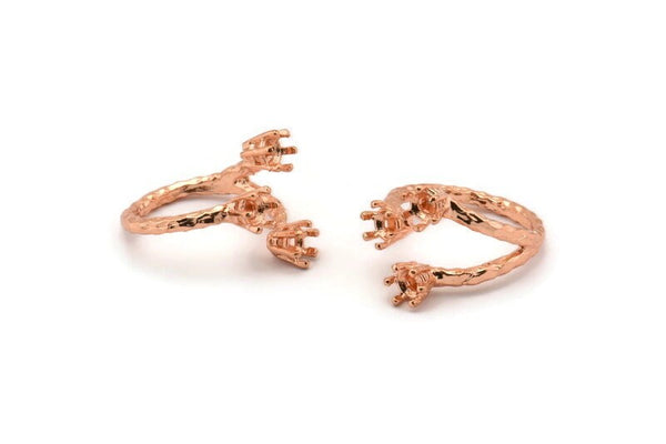 Adjustable Ring Settings, 2 Rose Gold Lacquer Plated Brass 6 Claw Ring Blanks - Pad Size 4mm N0321