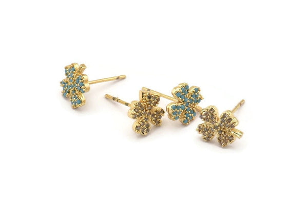 Gold Flower Earring, 4 Gold Plated Brass Flower Stud Earrings (8x10mm) SY0176