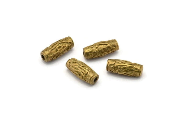 Brass Textured Beads, 6 Raw Brass Long Beads with Textures (5x12mm) N0230