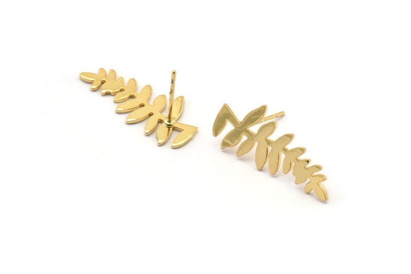 Gold Leaf Earring, 4 Gold Plated Brass Leaf Stud Earrings  (25x11x0.80mm) D1232 A1800 Q1124