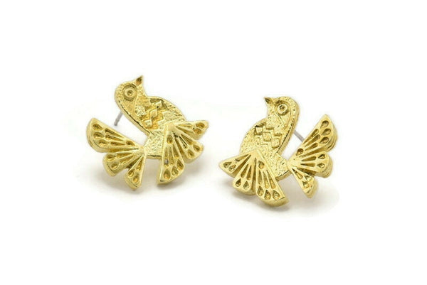 Brass Bird Earring, 2 Raw Brass Bird Stud Earrings (19x18x2mm) N1671