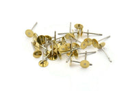 Stainless Steel Earring, 300 Stainless Steel Earring Posts With Raw Brass 5 Mm Flat Pad, Ear Studs A0460