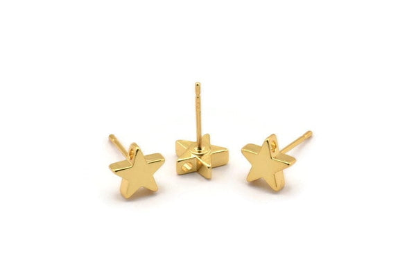 Gold Star Earring, 4 Gold Plated Brass Star Stud Earrings (8x2.6mm) D0126 A2008