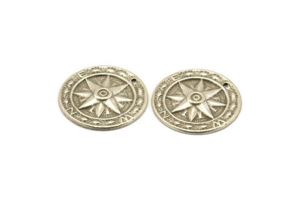 Silver Compass Charm, 12 Antique Silver Plated Brass Compass Charms With 1 Hole, Earrings, Pendants, Findings (25x2mm) D1071 H1162