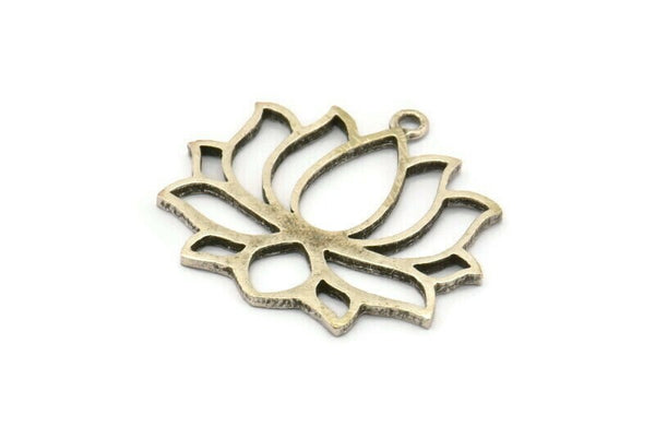 Lotus Flower Charm, 2 Antique Silver Plated Brass Hammered Lotus Flower Textured Pendants With 1 Loop (35x31x1.5mm) BS 1919 H0865
