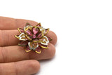 Rose Lucite And Brass Frame Caged Rhinestone Flower Flatback Beads, Cabochons 39 Mm B-20