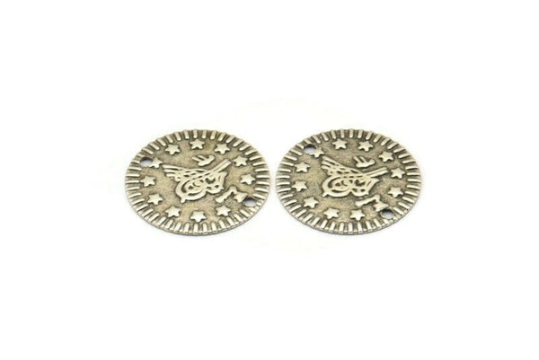 Silver Round Connector, 20 Antique Silver Plated Brass Round Ottoman Sultan&#39;s Signature Coin Connectors With 2 Holes, Charms (16mm) A0166
