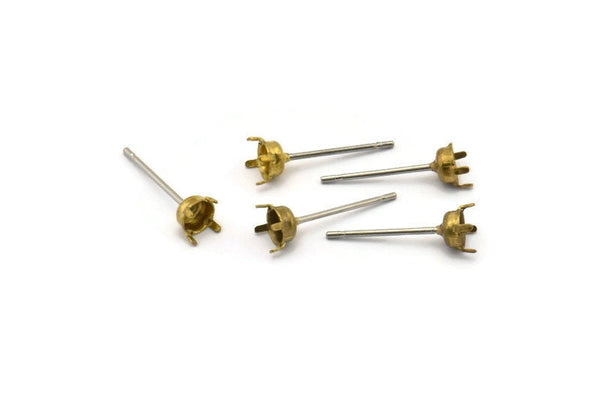 Stainless Post Prong Setting, 100 Stainless Steel Earring Posts With 4 Mm Raw Brass Prong Setting A0459