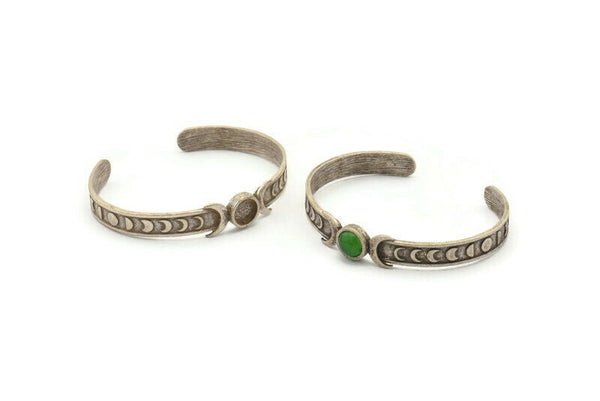 Silver Moon Cuff, Antique Silver Plated Brass Moon Phases Cuff Stone Setting With 1 Pad -  Pad Size 8mm N1674 H1396