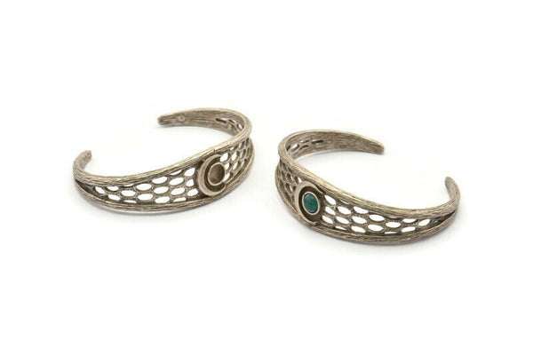Silver Moon Cuff, Antique Silver Plated Brass Moon Phases Cuff Stone Setting With 1 Pad -  Pad Size 6mm N1649 H1406