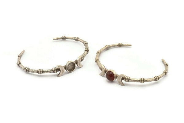 Silver Moon Cuff, Antique Silver Plated Brass Crescent Moon Cuff Stone Setting With 1 Pad -  Pad Size 8mm N1685 H1409