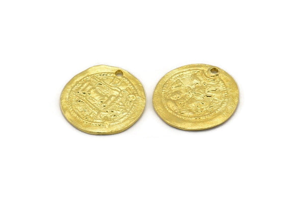 Brass Coin Pendant, 2 Raw Brass Coin Pendants With 1 Hole, Earring Findings, Charms (23x22x1mm) N1692
