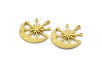 Brass Moon Charm, 4 Raw Brass Moon And Star Charms With 1 Loop (27x23x2mm) N1706