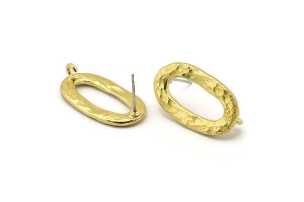 Brass Oval Earring, 2 Hammered Raw Brass Oval Stud Earrings With 1 Loop (26x14x2mm) N1705