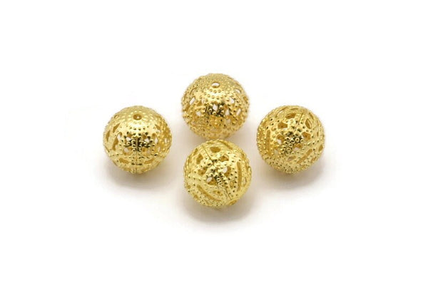 10 Raw Brass Filigree Ball Beads , Findings (12 Mm)   D0201--C040