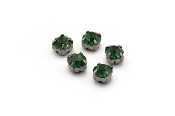 12 Emerald Crystal Rhinestone Beads With 4 Holes Brass Setting for SS24, Charms, Pendants, Earrings - 5.3mm SS24