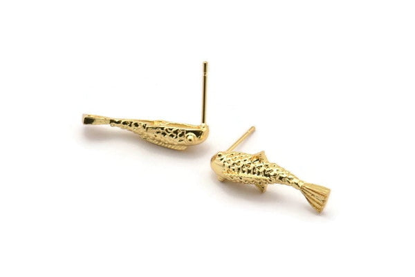 Gold Fish Earring, 4 Gold Plated Brass Koi Fish Stud Earrings, Jewelry Supplies, Findings (27x8mm) N0422 A1205