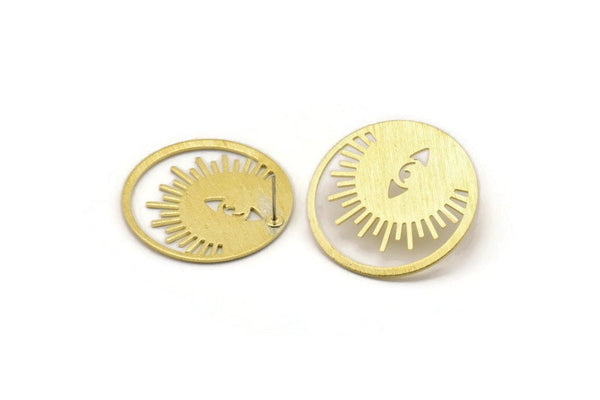 Brass Round Earring, 4 Textured Raw Brass Eye Shaped Stud Earrings (30x0.80mm) M01555 A2458