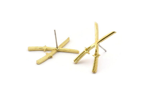 Pirinç Kılıç Küpe, 6 Ham Pirinç Katana Kılıcı Şekilli Küpe, Samuray Kılıcı Küpe, Japon Kılıcı Küpe (23x14 mm) N1754