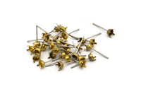 Stainless Post Prong Setting, 100 Stainless Steel Earring Posts With 4 Mm Raw Brass Prong Setting A0459