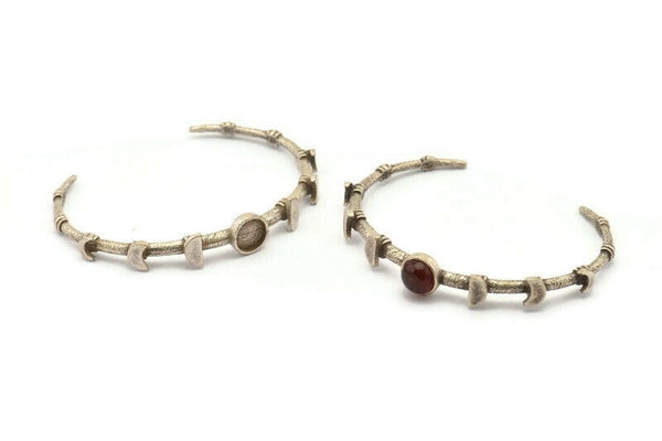 Silver Moon Cuff, Antique Silver Plated Brass Moon Phases Cuff Stone Setting With 1 Pad -  Pad Size 8mm N1672 H1394