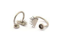 Silver Ring Settings, 2 Antique Silver Plated Brass Moon And Planet Ring With 1 Stone Setting - Pad Size 6mm R054 H0604