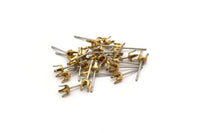 Stainless Steel Posts, 50 Stainless Steel Earring Posts With Raw Brass 4mm Pad Bs 1267
