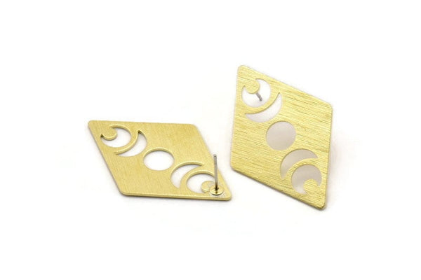 Brass Diamond Earring, 4 Textured Raw Brass Moon Phases Shaped Stud Earrings (40x26x0.80mm) M01527 A2459