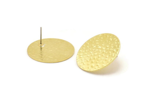 Brass Round Earring, 4 Hammered Raw Brass Round Stud Earrings (25x0.80mm) M01509 A2445