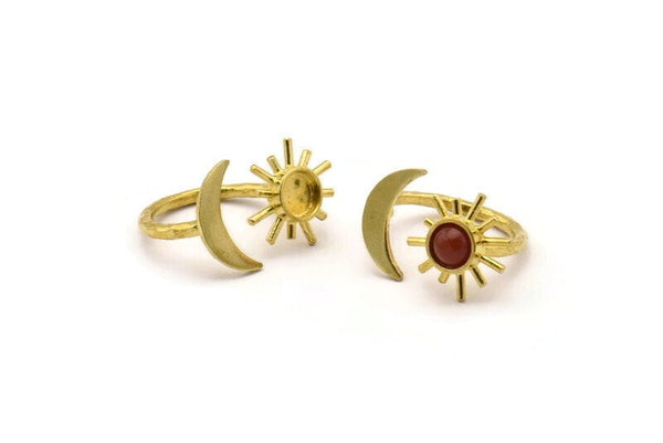 Brass Ring Settings, 3 Raw Brass Moon And Sun Ring With 1 Stone Setting - Pad Size 6mm R052