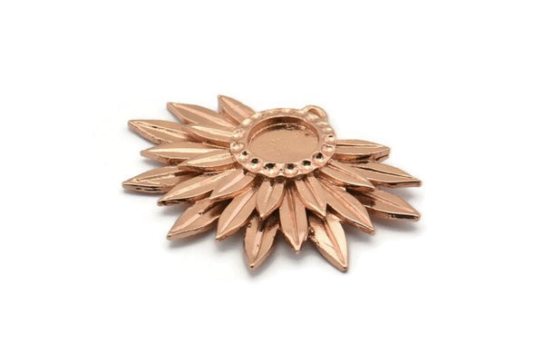 Rose Gold Sunflower Charm, Rose Gold Plated Brass Flower Charm Earrings With 1 Loop, Pendants, Earrings (28x39mm) N0735 Q0807