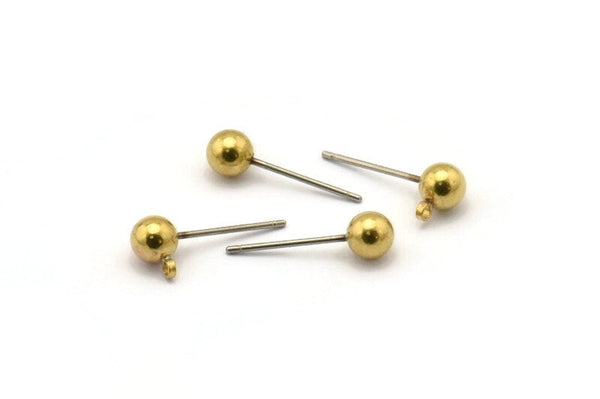 50 Earring Posts with Raw Brass Ball Pad and 5 mm Hole Hook   A0394