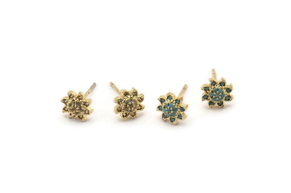Gold Flower Earring, 4 Gold Plated Brass Flower Stud Earrings (8x7mm) SY0205