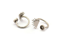 Silver Ring Settings, 2 Antique Silver Plated Brass Moon And Planet Ring With 1 Stone Setting - Pad Size 6mm R054 H0604