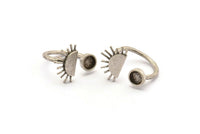 Silver Ring Settings, 2 Antique Silver Plated Brass Moon And Planet Ring With 1 Stone Setting - Pad Size 6mm R054 H0604