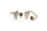 Silver Ring Settings, 2 Antique Silver Plated Brass Moon And Planet Ring With 1 Stone Setting - Pad Size 6mm R054 H0604