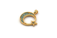 Gold Moon Charm, Gold Plated Moon And Star, Cubic Zircon, CZ Pave Moon Charm, Zircon Charm Pendants (16x17mm) SY0093