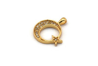 Gold Moon Charm, Gold Plated Moon And Star, Cubic Zircon, CZ Pave Moon Charm, Zircon Charm Pendants (16x17mm) SY0093