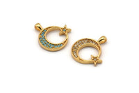 Gold Moon Charm, Gold Plated Moon And Star, Cubic Zircon, CZ Pave Moon Charm, Zircon Charm Pendants (16x17mm) SY0093