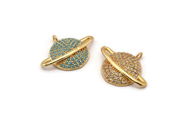 Gold Saturn Charm, Gold Plated Saturn Planet, Cubic Zircon, CZ Pave Planet Charm, Zircon Charm Pendants (20x29mm) SY0123