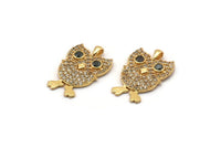 Gold Owl Charm, Gold Plated Owl, Cubic Zircon, CZ Pave Owl Charm, Zircon Charm Pendants With 1 Loop (19x13x2mm) SY0082