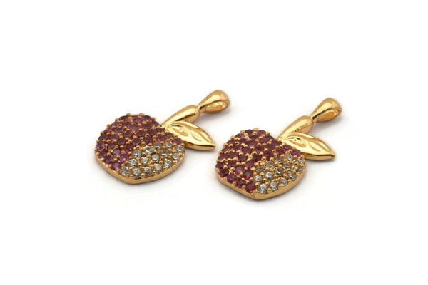 Gold Apple Charm, Gold Plated Apple, Cubic Zircon, CZ Pave Apple Charm, Zircon Charm Pendants With 1 Loop (19x11x2.5mm) SY0083