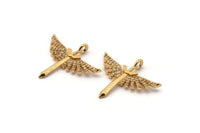 Gold Sword Charm, Gold Plated Sword, Cubic Zircon, CZ Pave Wing Charm, Zircon Charm Pendants With 1 Loop (24x29x2mm) SY0097