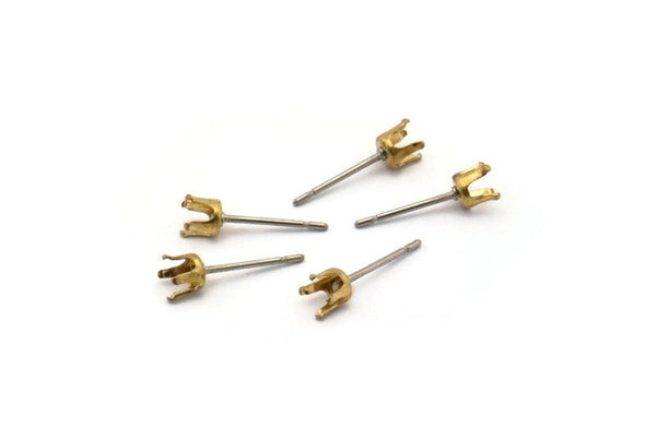 Stainless Steel Posts, 50 Stainless Steel Earring Posts With Raw Brass 4mm Pad Bs 1267