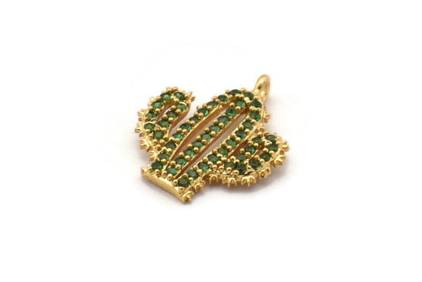Gold Cactus Charm, Gold Plated Cactus, Cubic Zircon, CZ Pave Cactus Charm, Zircon Charm Pendants With 1 Loop (18x15x2mm) SY0096