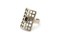 Silver Ring, Antique Silver Plated Brass Rectangle Ring With 1 Stone Settings - Pad Size 5x4mm N1846 H1538