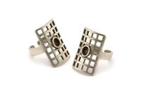 Silver Ring, Antique Silver Plated Brass Rectangle Ring With 1 Stone Settings - Pad Size 5x4mm N1846 H1538