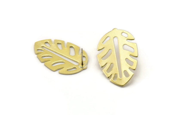 Brass Leaf Earring, 4 Raw Brass Leaf Stud Earrings (30x20x0.80mm) M01734 A2479