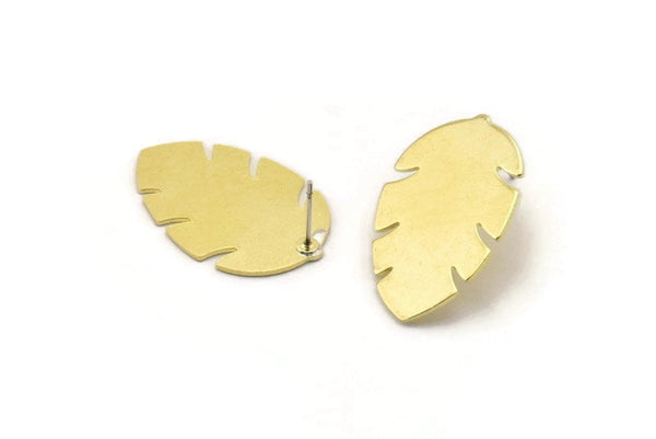 Brass Leaf Earring, 4 Raw Brass Leaf Stud Earrings (30x20x0.80mm) M01690 A2484